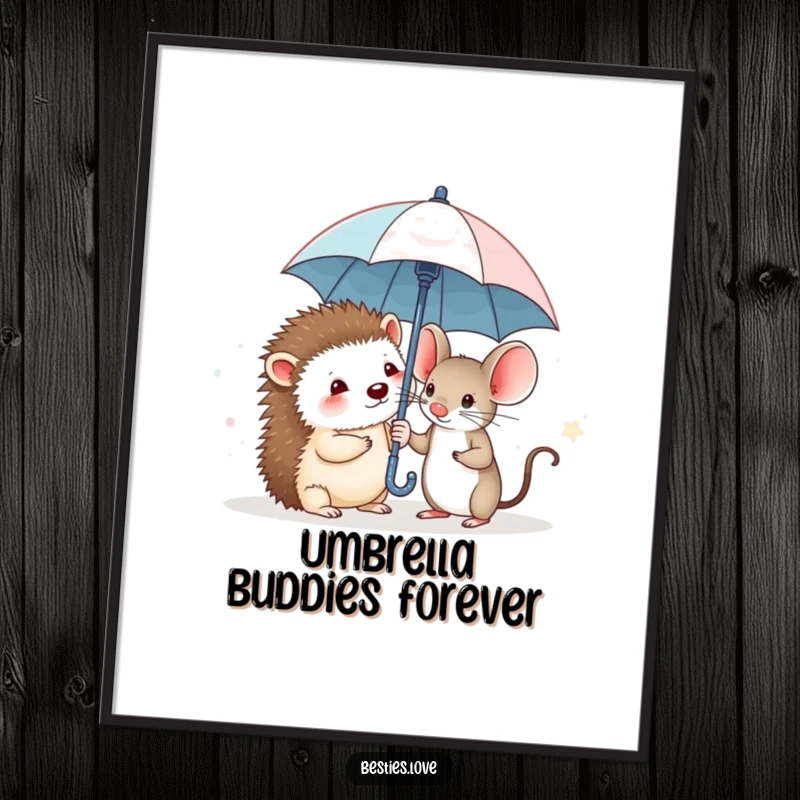 Funny digital art print of a timid hedgehog and a courageous mouse sharing a very small umbrella, symbolizing friendship and bravery.