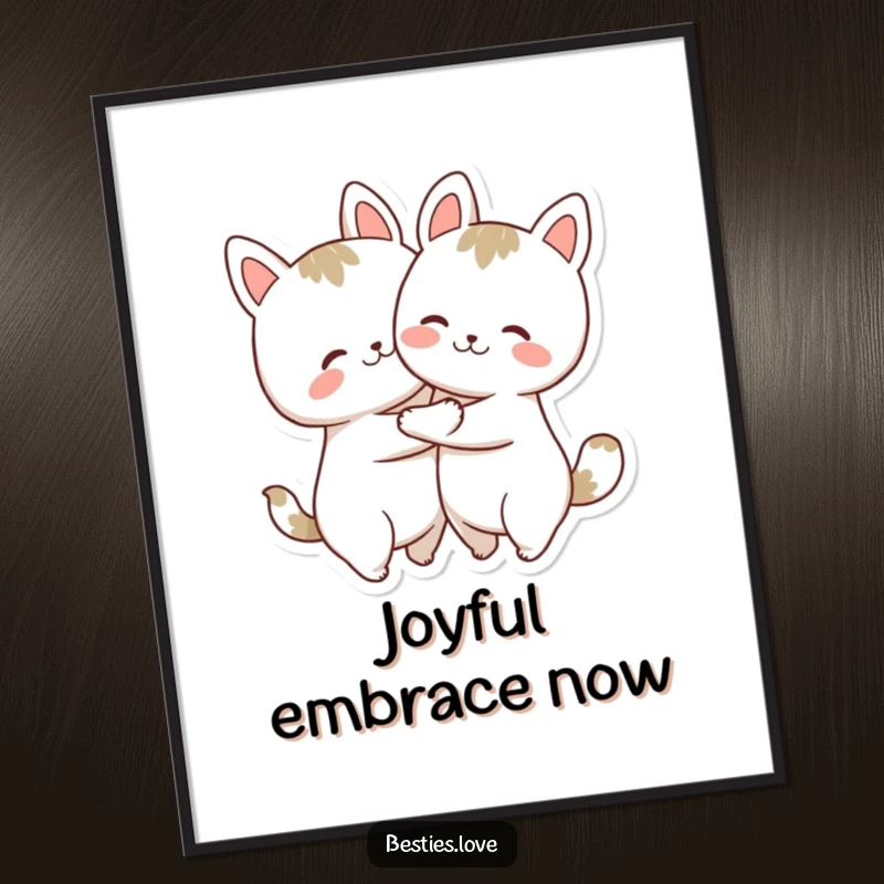 Funny Digital Art Print: Two cute animal shapes hugging tightly with joyful expressions, perfect for instant wall decor.