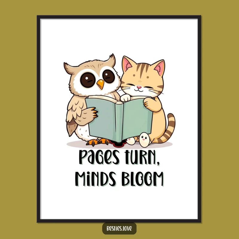 Funny Owl & Cat Digital Print: Cheerful Bookworms Art for Your Walls