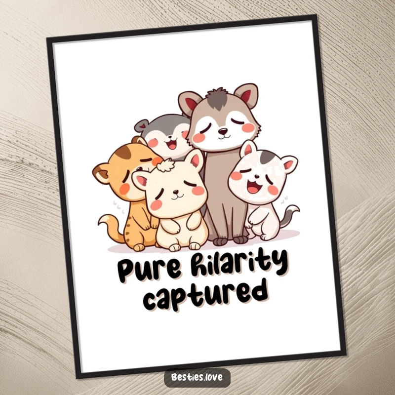 Funny animal laughing friends digital art print, showing a group of whimsical creatures laughing heartily with teary eyes.