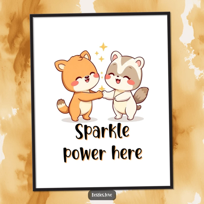 Funny animal silly handshake digital art print, showing two smiling characters in a playful handshake with sparkling effects.