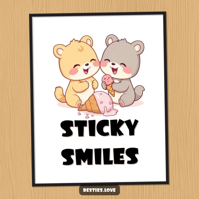 Funny animal pals digital art print, two cute animals giggling over a spilled ice cream cone, instant download artwork.