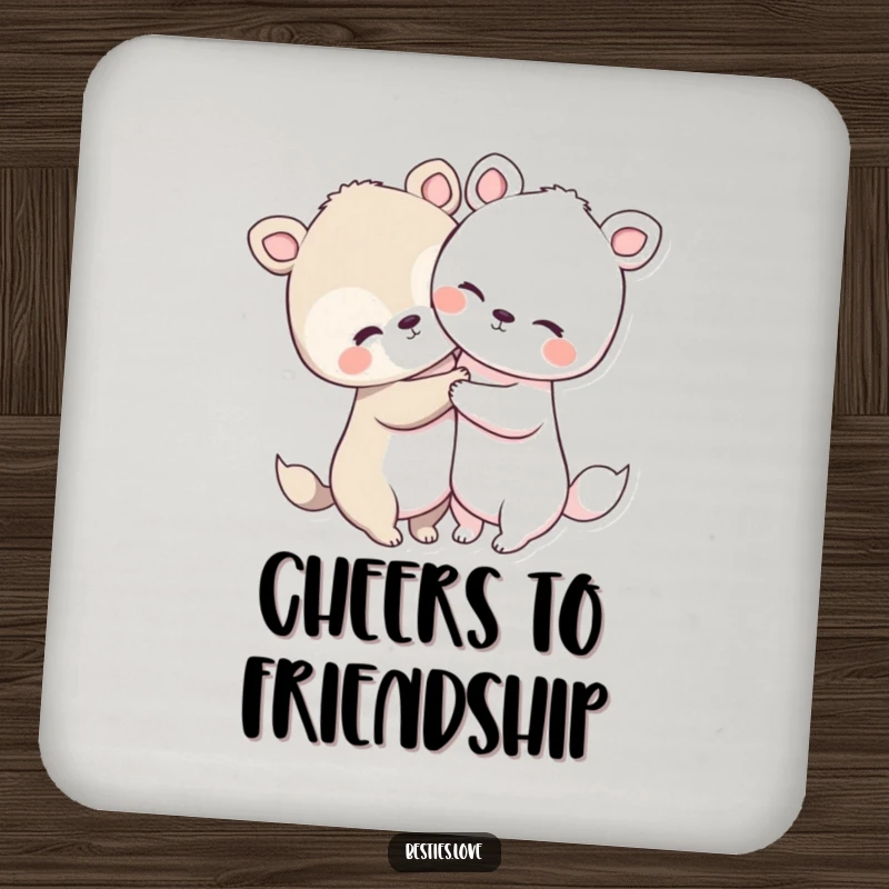 Funny animal hug drink coasters showcasing two cute animals with large heads and short limbs in a warm embrace, protecting surfaces.