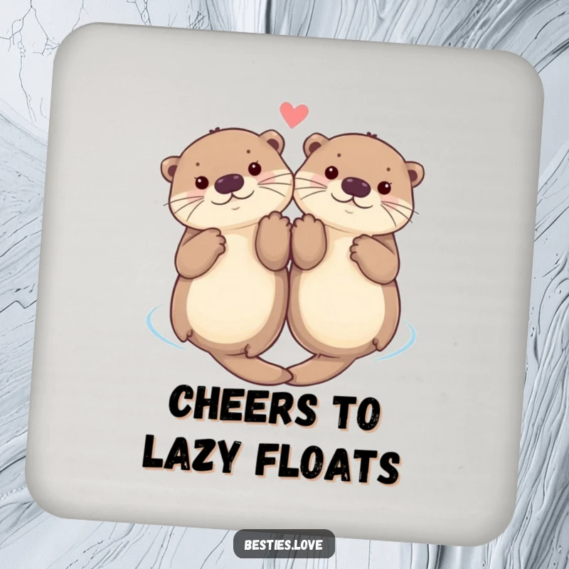 Funny drink coaster with two cute otters floating on their backs, holding paws, protecting surfaces with adorable, playful energy.