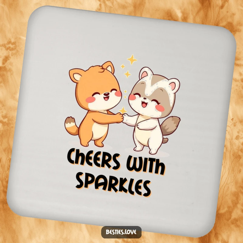 Funny animal coasters depicting two smiling characters doing a silly handshake with sparkling effects, bringing playful joy to your table.