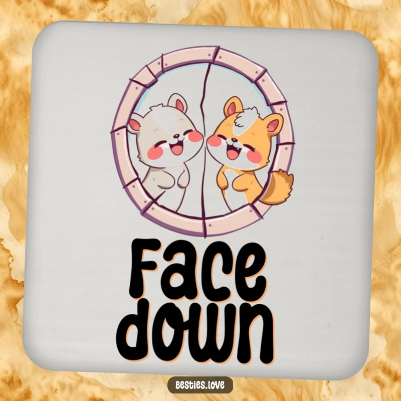 Funny Animal Friends Coaster: Two animal companions humorously swapping faces in a cracked mirror, a piece of functional art.