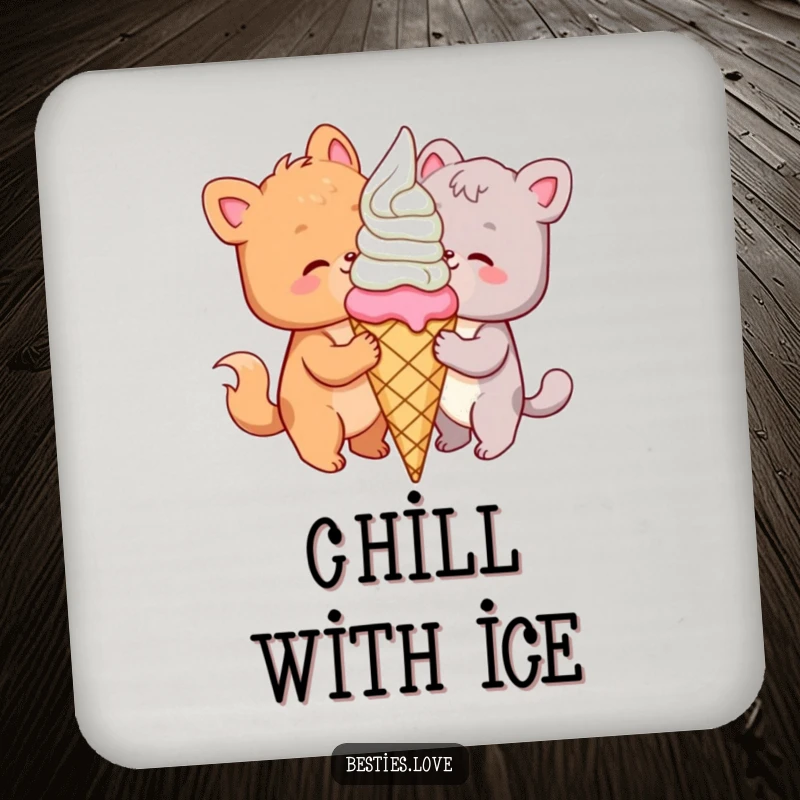 Funny animal coasters depicting two happy friends sharing a giant ice cream cone, bringing sweet joy to your table.