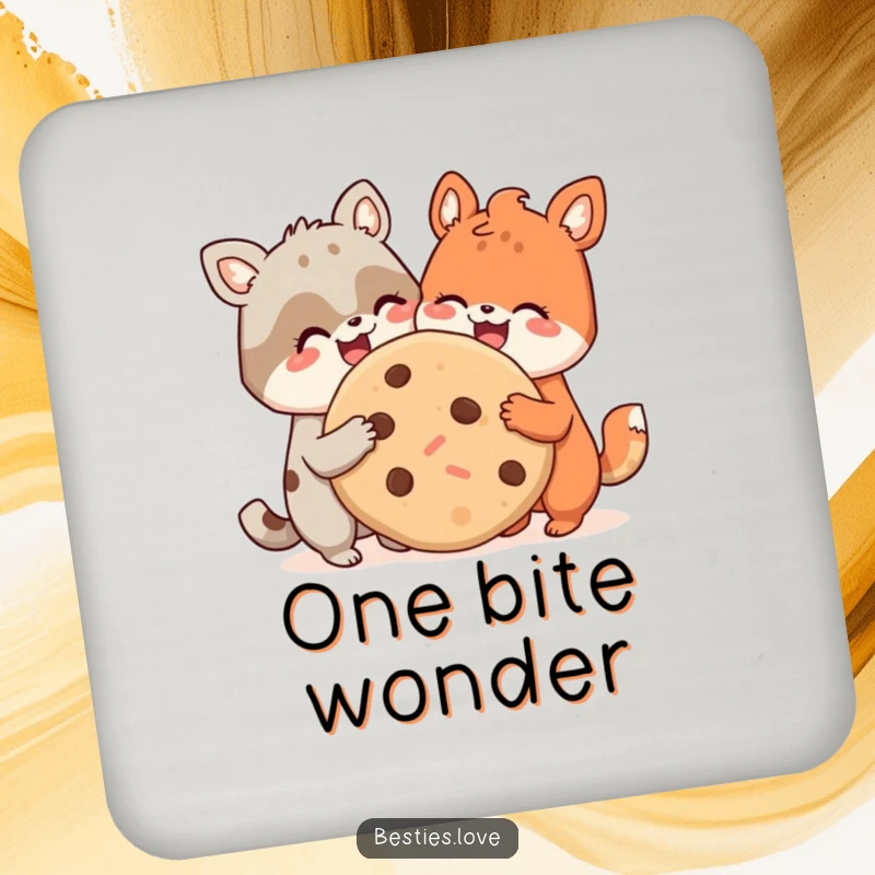 Funny drink coasters showcasing two happy animal friends sharing a large cookie, adding humor and protection to your coffee table.