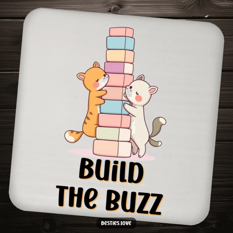 Funny bestie drink coaster, two animal characters building a ridiculously tall tower of blocks together, protects surfaces.