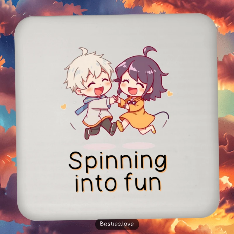 Funny Drink Coasters depicting two characters playfully chasing each other in circles, giggling, adding a humorous and protective touch to any table.