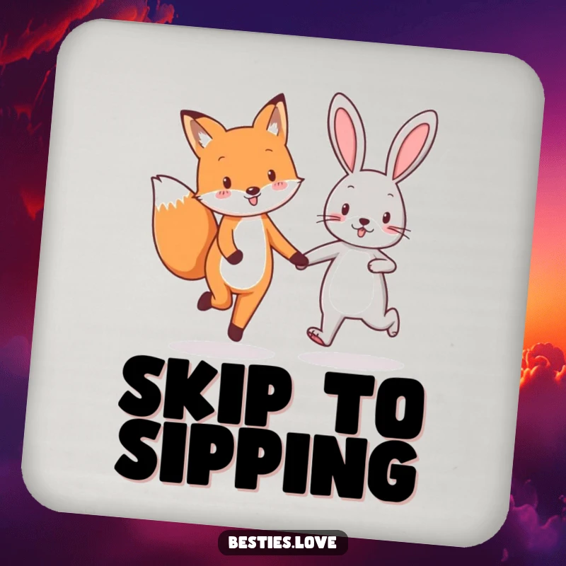 Funny fox and rabbit best friends coasters depicting them skipping joyfully, adding a touch of friendship to your table.