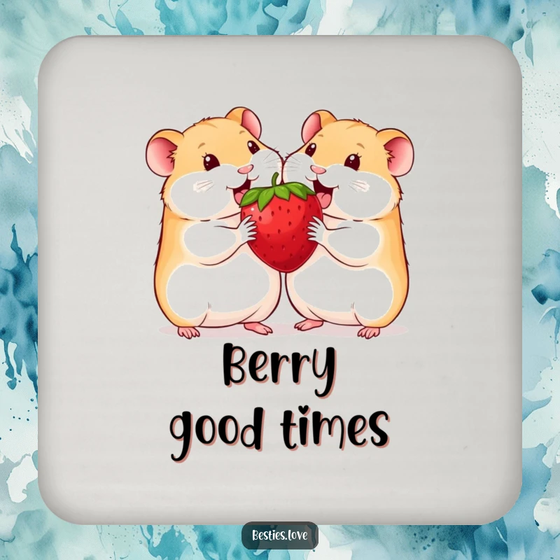 Funny hamster coasters depicting two happy hamsters sharing an oversized strawberry, adding a cute touch to any drink.