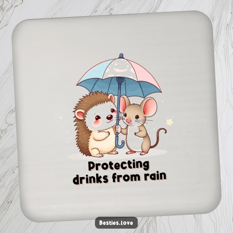 Funny drink coaster with a bashful hedgehog and a brave mouse sharing a miniature umbrella, protecting surfaces with adorable charm.