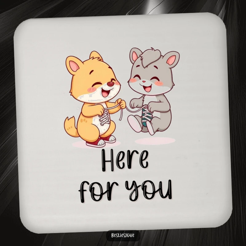Funny drink coasters showing a happy animal helping another tie shoelaces, offering surface protection with a humorous and kind message.
