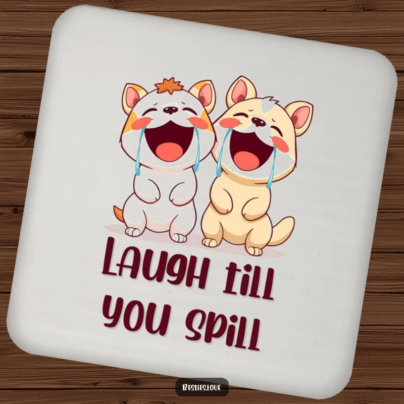 Funny drink coasters showing two animals in hysterics, tears of laughter streaming, offering protection with a humorous and joyful design.