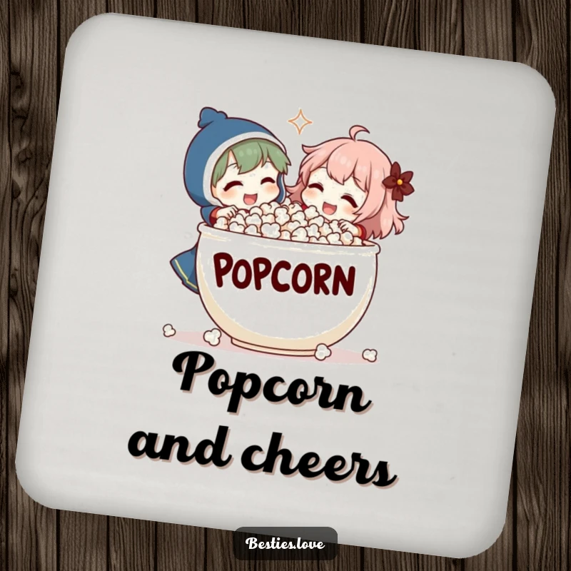 Funny Coasters: Two characters share a huge popcorn bowl and laugh, providing humorous and functional protection for drinks.