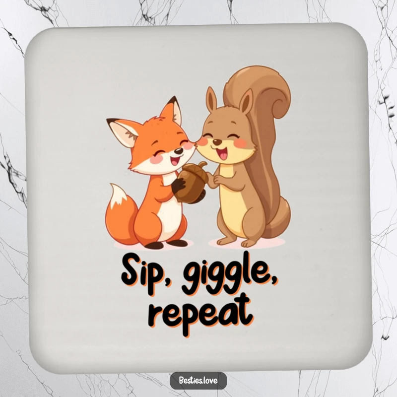 Funny drink coaster with a playful fox and a spirited squirrel sharing a huge acorn and giggling, protecting surfaces with woodland charm.