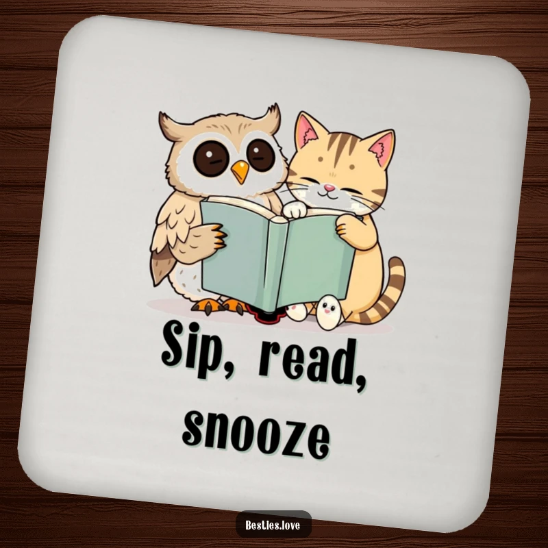 Funny drink coaster with a happy owl and a sleepy cat smiling while sharing a huge book, protecting surfaces with bookish humor.