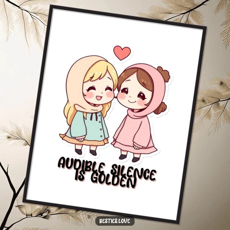Funny poster art depicting best friends leaning close, whispering secrets to each other, eyes sparkling with shared amusement and confidentiality.