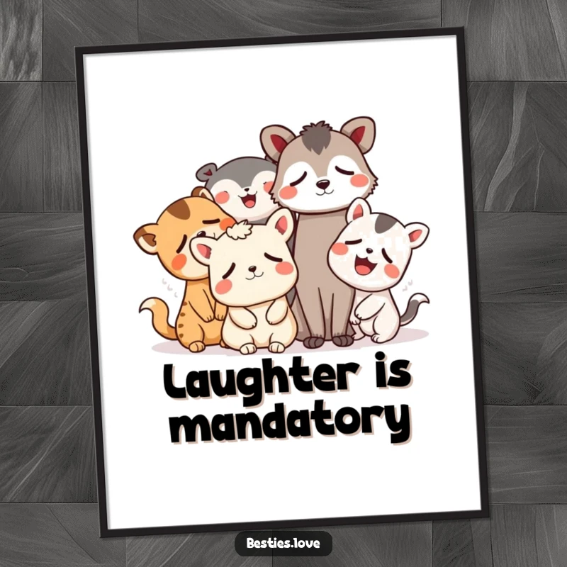 Funny animal poster depicting a joyous gathering of whimsical friends laughing so hard their eyes are watering, radiating pure mirth.
