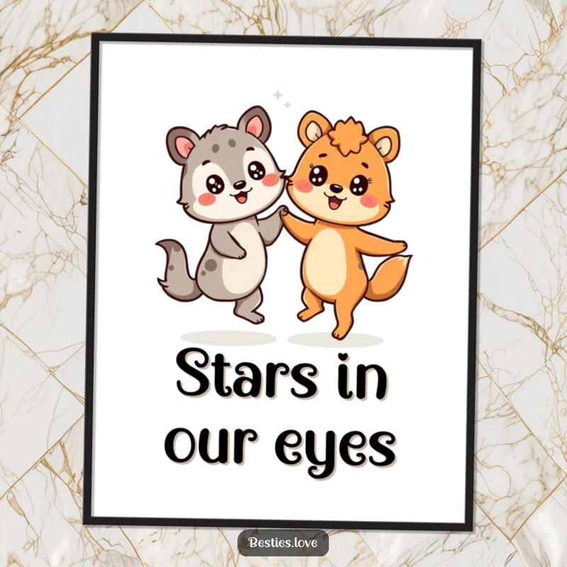 Funny poster of two animals dancing ecstatically, each with a cheerful, starry-eyed look, creating a joyful atmosphere.