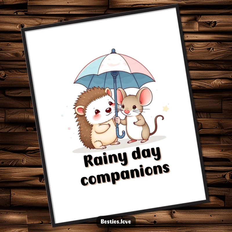 Funny poster artwork of a shy hedgehog and a brave mouse sharing a very small umbrella, illustrating togetherness against adversity.