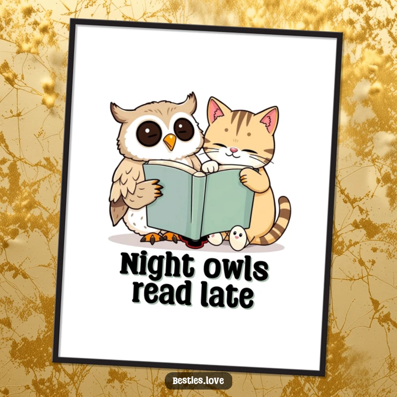Funny poster print of a smiling owl and a sleepy cat engrossed in a large book, creating a scene of serene intellectual joy.