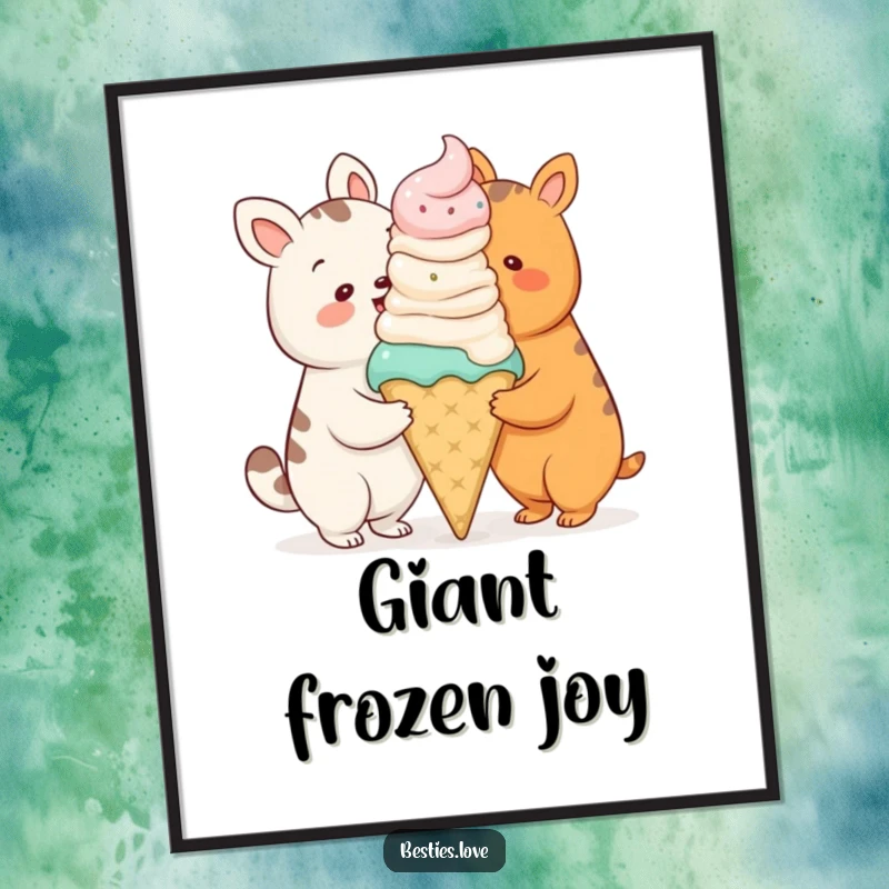 Funny poster print of two cartoon animals sharing a comically large ice cream cone, embodying fun and friendship.