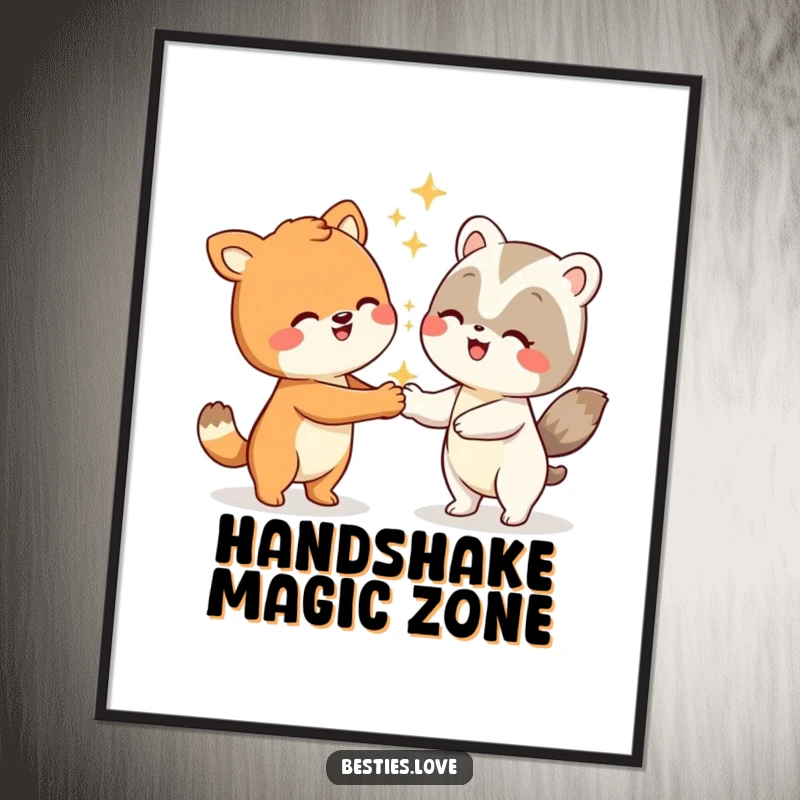 Funny animal poster featuring two smiling characters performing an exaggeratedly silly handshake, complete with vibrant sparkling effects.