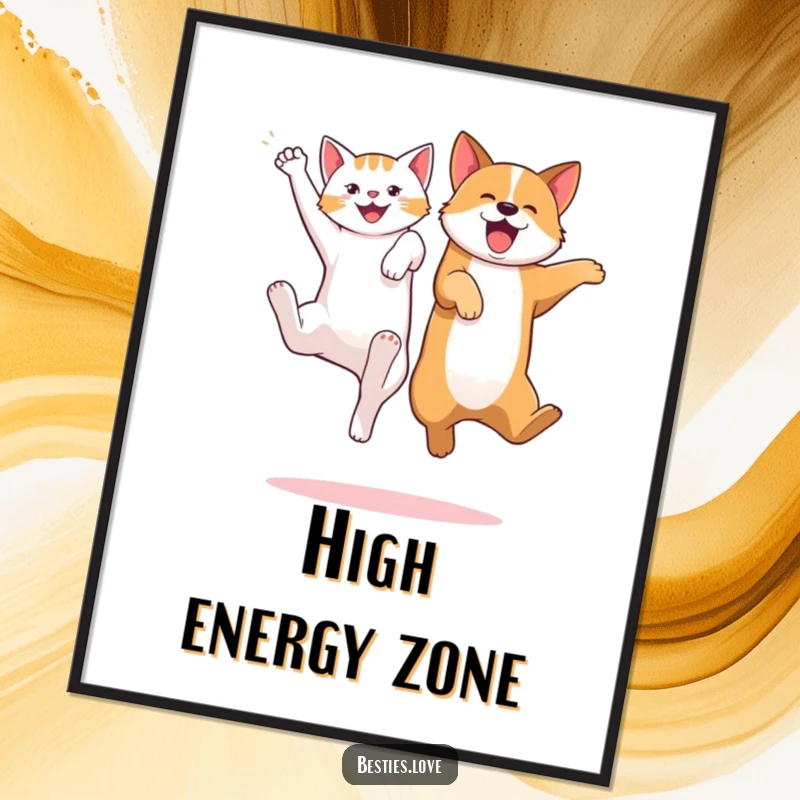 Funny poster showing a cat and dog leaping high, kicking their legs excitedly, capturing the essence of playful pet companionship.