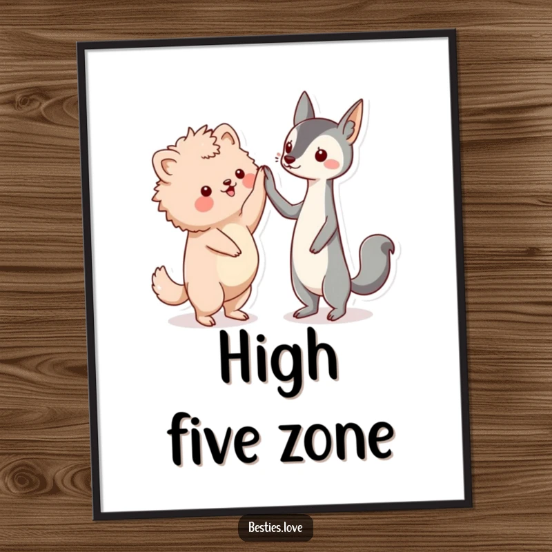 Funny friends poster, two adorable kawaii animal friends, a fluffy creature and a sleek one, high-fiving enthusiastically.