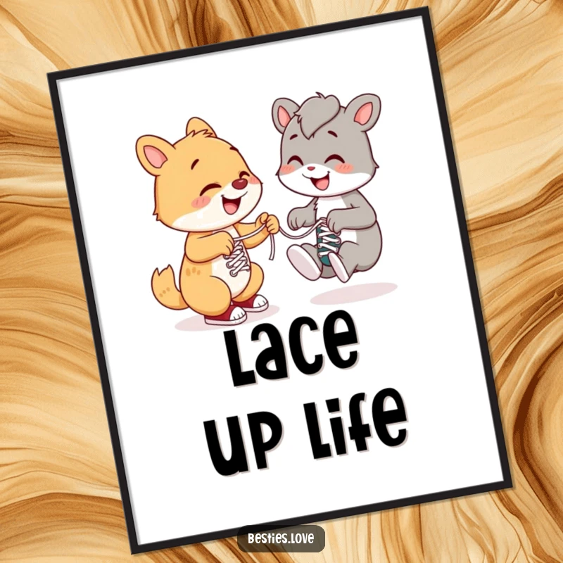 Funny poster art of a smiling animal helping another tie its shoelaces, symbolizing kindness, friendship, and helpfulness for your decor.