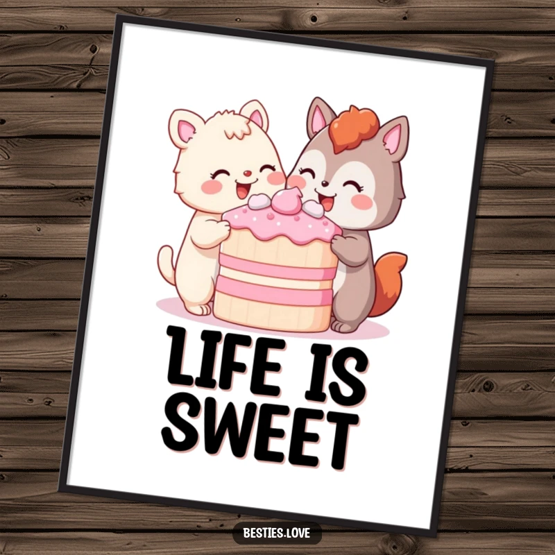 Funny Poster showing two animals indulging in a huge piece of cake, their pleased smiles conveying happiness, shared joy, and delicious satisfaction.