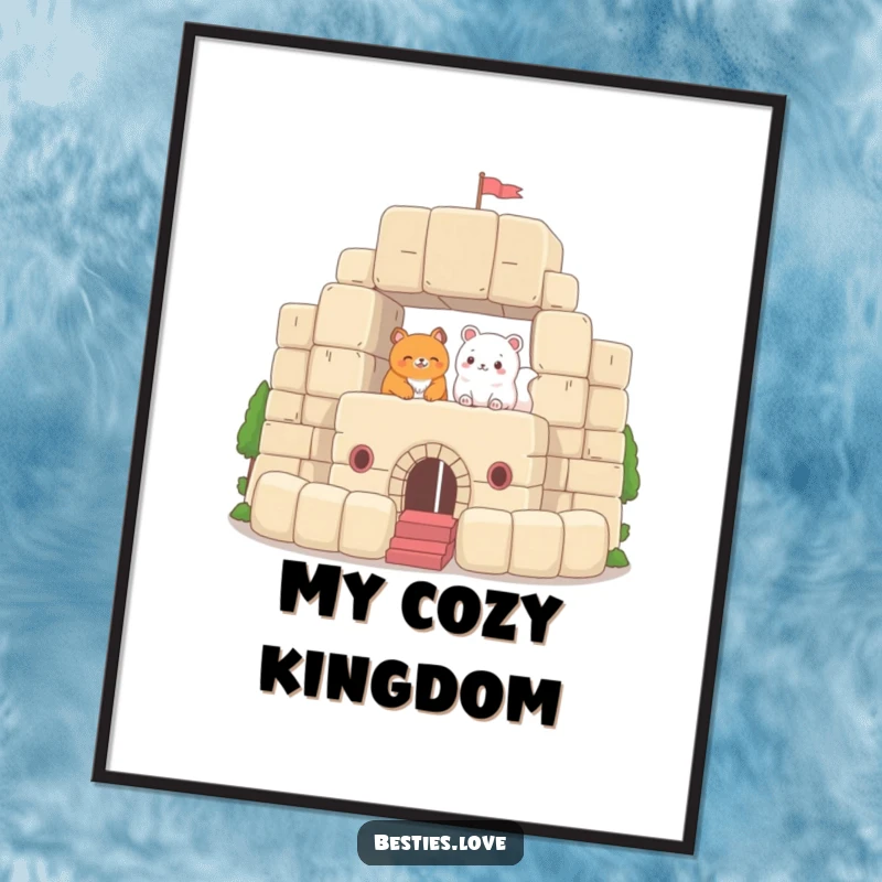 Funny Poster depicting two animals building an impressive fort with large plush blocks, showcasing their imaginative construction and joyful teamwork in a whimsical scene.