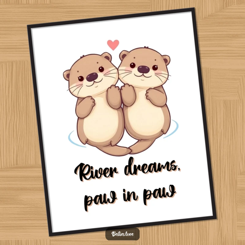 Funny poster print of two happy otters floating on their backs, holding paws, capturing a moment of pure aquatic bliss and friendship.
