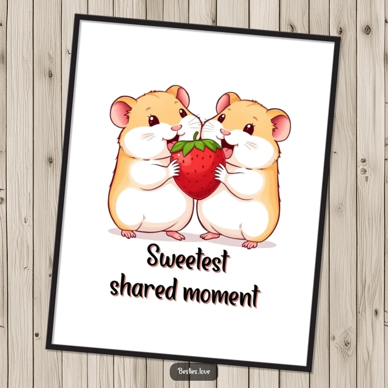 Funny hamster poster illustrating two joyful hamsters sharing an oversized strawberry, symbolizing friendship and shared happiness.