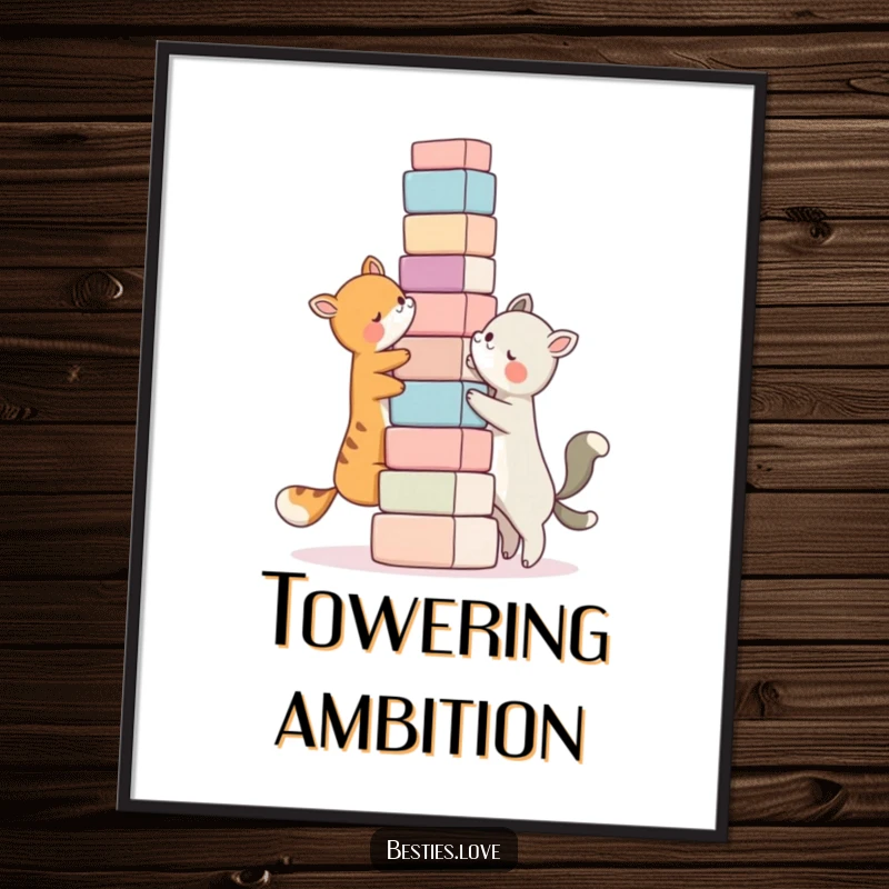 Funny bestie poster, two animal characters building a ridiculously tall tower of blocks together, celebrating teamwork and friendship.