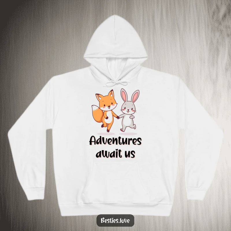Funny fox and rabbit best friends hoodie, illustrating their joyful skipping and hand-holding, representing ultimate friendship and fun.