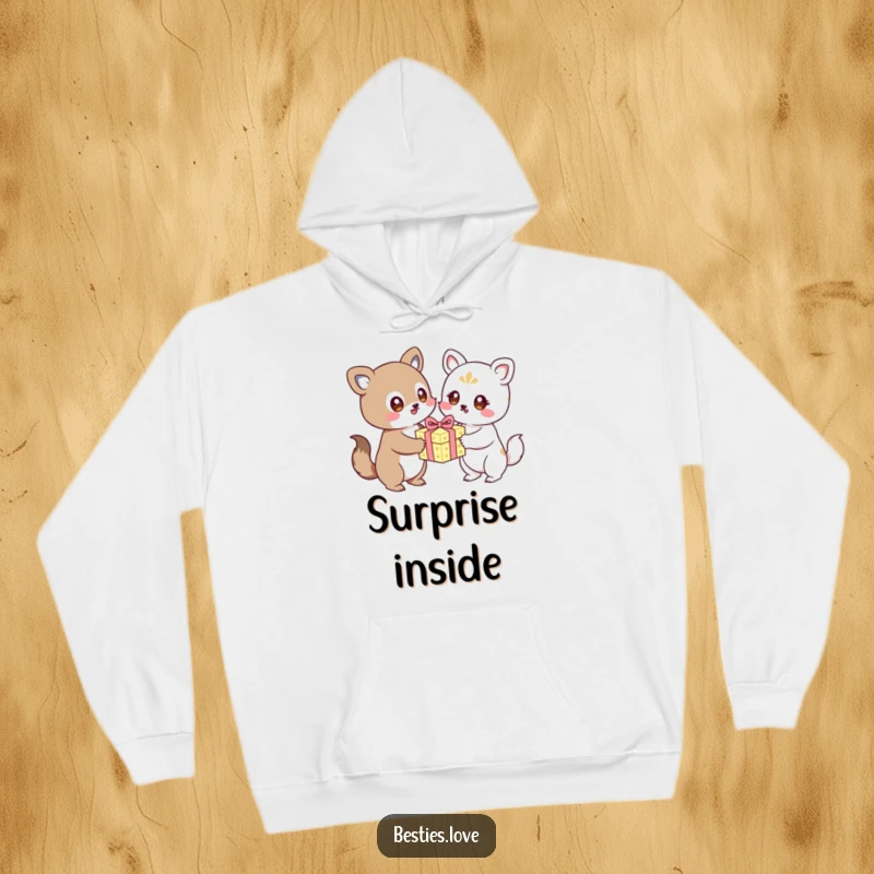 Funny kawaii animals excitedly exchanging a birthday present, a warm and cozy hoodie, perfect for birthday celebrations, lovely gift.