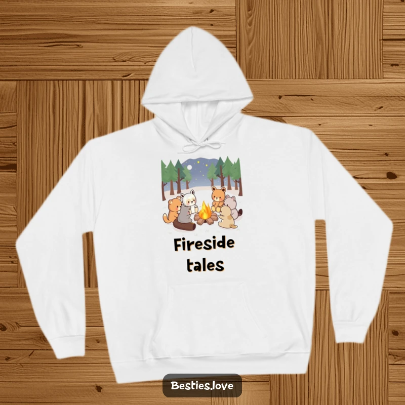 Funny kawaii animals sharing stories around a campfire, a warm and cozy hoodie, perfect for storytelling nights, lovely gift.