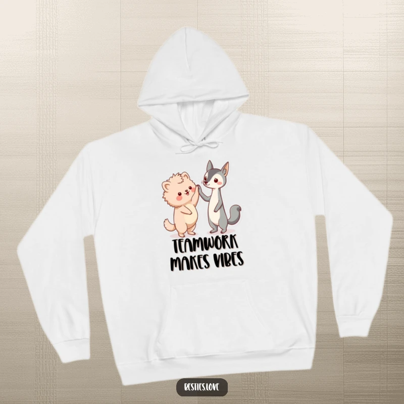 Funny friends hoodie, two kawaii animal friends, a fluffy and a sleek creature, enthusiastically high-fiving each other.
