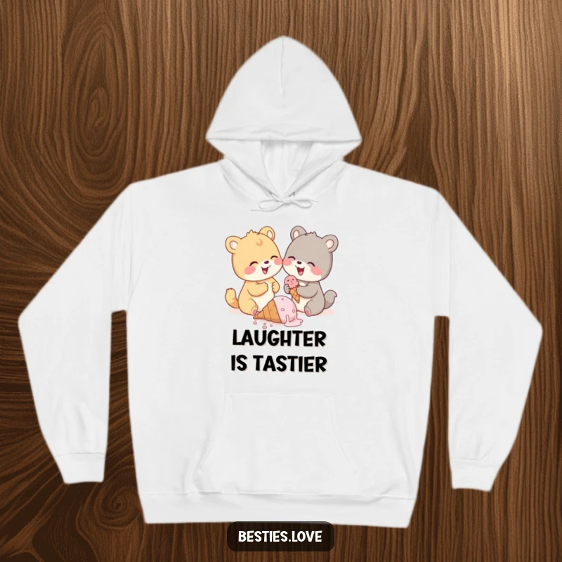Funny animal pals hoodie, two cute animals giggling over a dropped ice cream cone, cozy and humorous apparel.