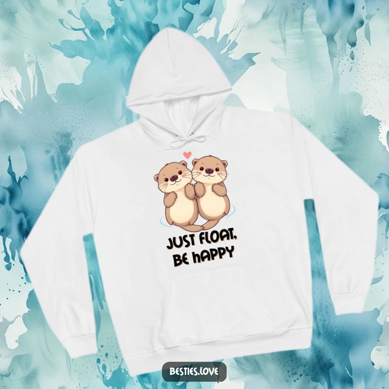 Funny hoodie with two playful otters floating on their backs, sweetly holding paws, embodying comfort and close bonds.