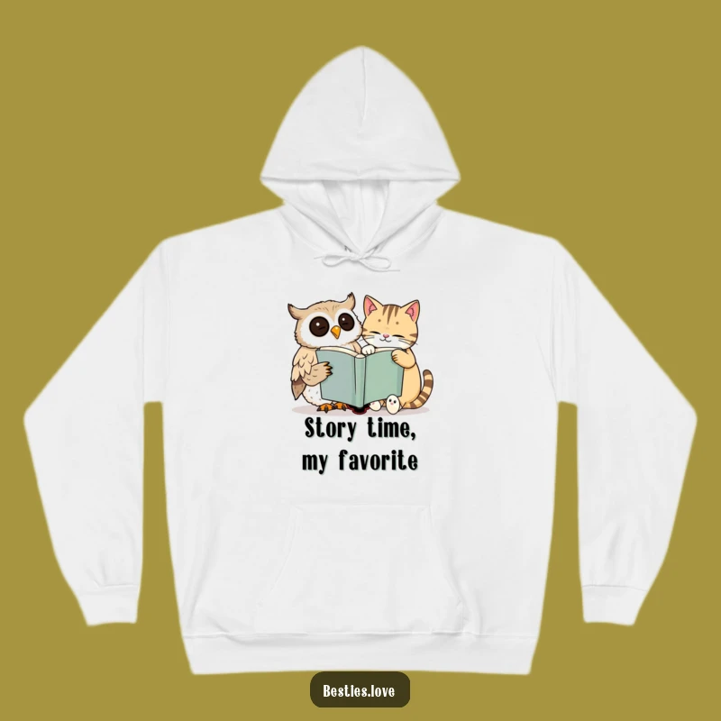 Funny Owl & Cat Hoodie: Cozy Reading Session with Large Book