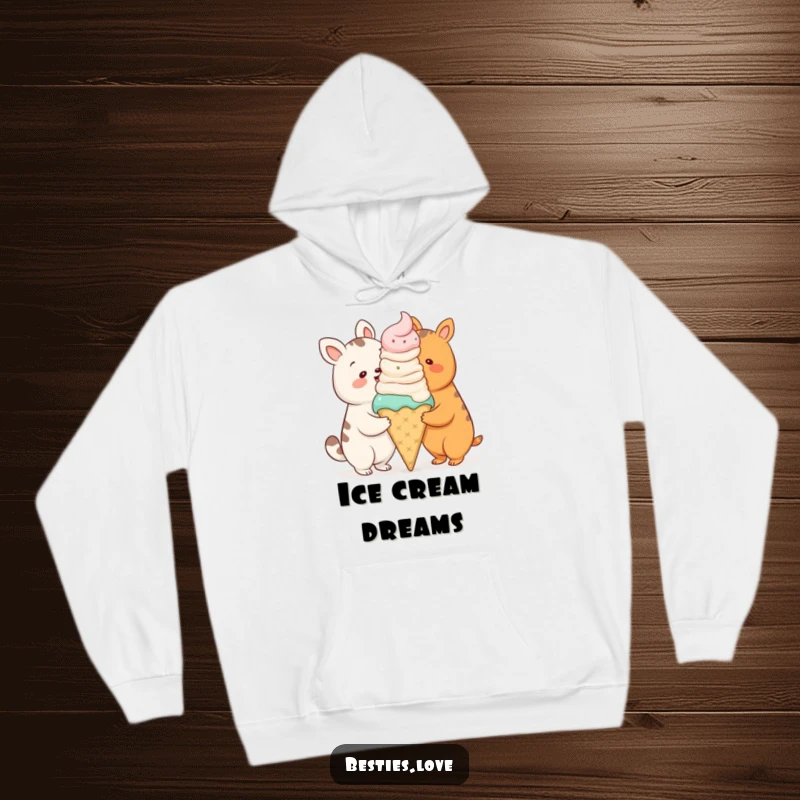 Funny hoodie depicting two cartoon animals happily sharing a comically large ice cream cone, perfect for cozy days.