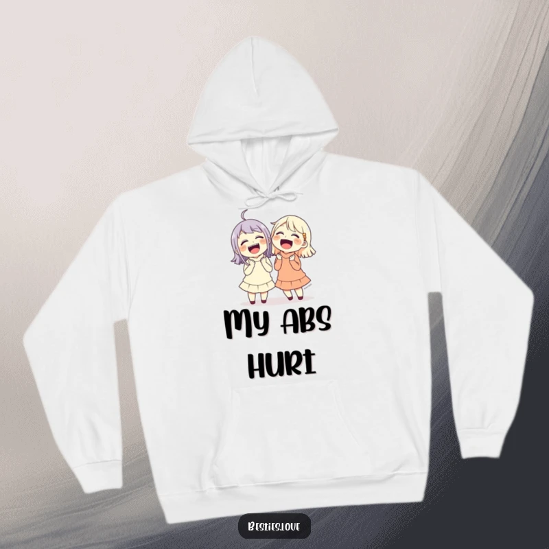 Funny friends in a fit of laughter, holding their sides, a cozy and humorous design on a warm hoodie.