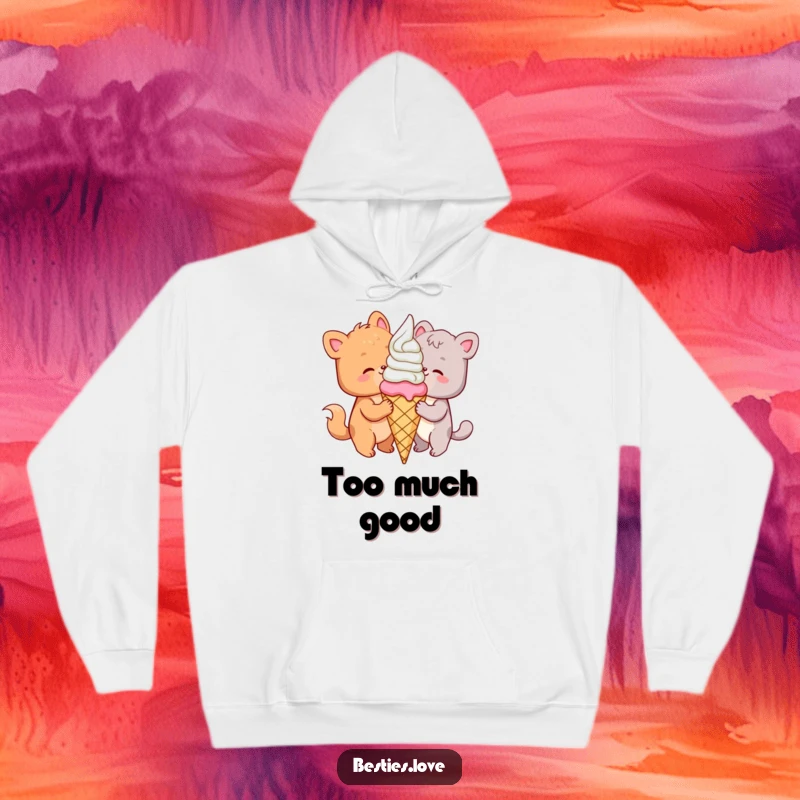 Funny animal hoodie with two delighted friends bonding over a huge ice cream cone, radiating happiness and sweetness.