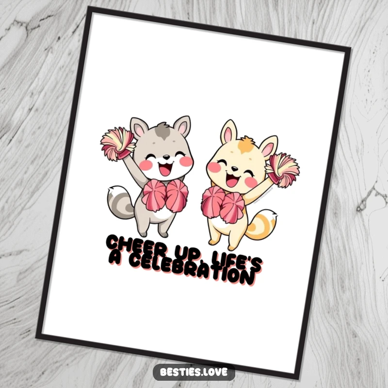 Funny Free Printable Wall Art: Two animal friends enthusiastically cheering each other on with colorful pom-poms and wide, infectious smiles. Pure celebratory energy.