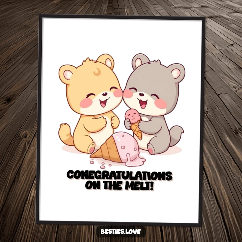 Funny Free Printable Wall Art: Cute animal pals sharing giggles over a dropped ice cream cone. Playful, humorous decor.