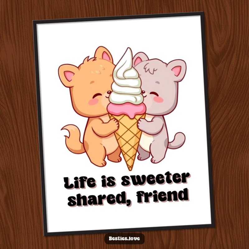 Funny Free Printable Wall Art: Adorable animal friends happily sharing a giant ice cream cone, bringing sweet vibes.